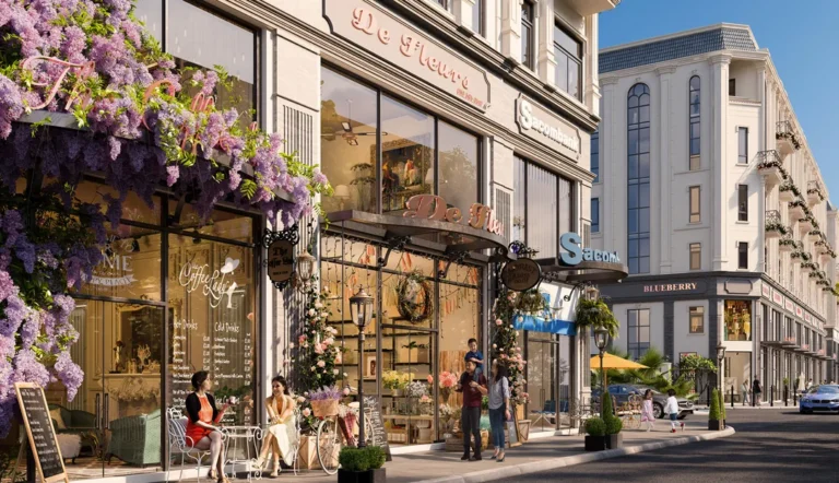 Phối cảnh mặt tiền shophouse có quán cà phê và giàn hoa tím