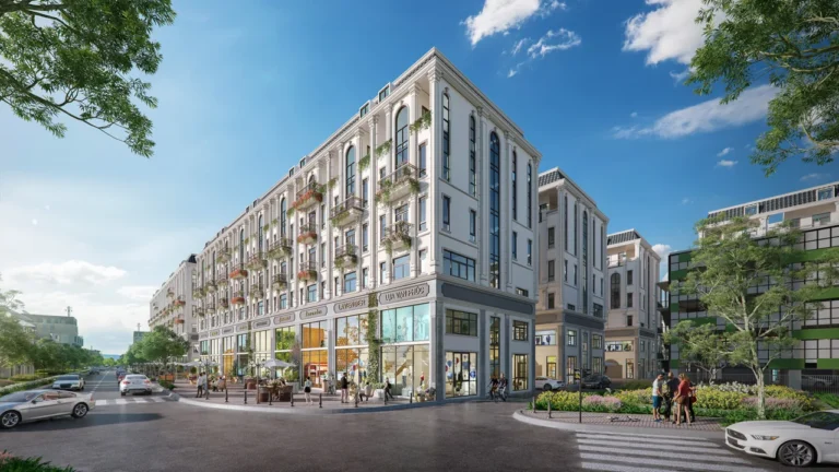 Phối cảnh góc phố dãy shophouse bốn tầng với vỉa hè rộng