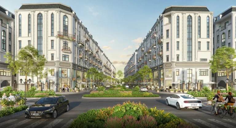Phối cảnh trục phố Rivoli có dải phân cách cây xanh giữa hai dãy nhà