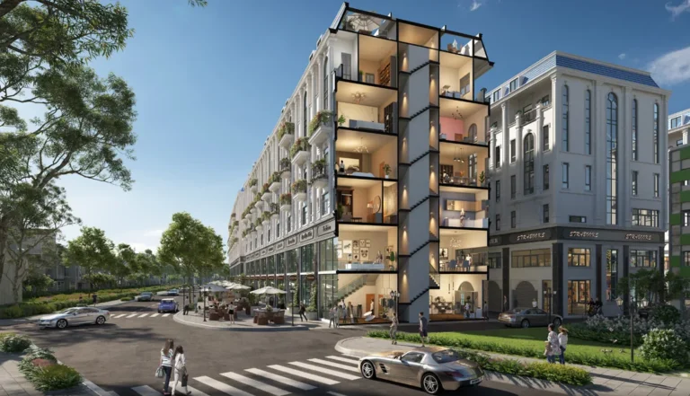 Phối cảnh cắt lớp một căn shophouse phố Rosiers thấy các tầng bên trong