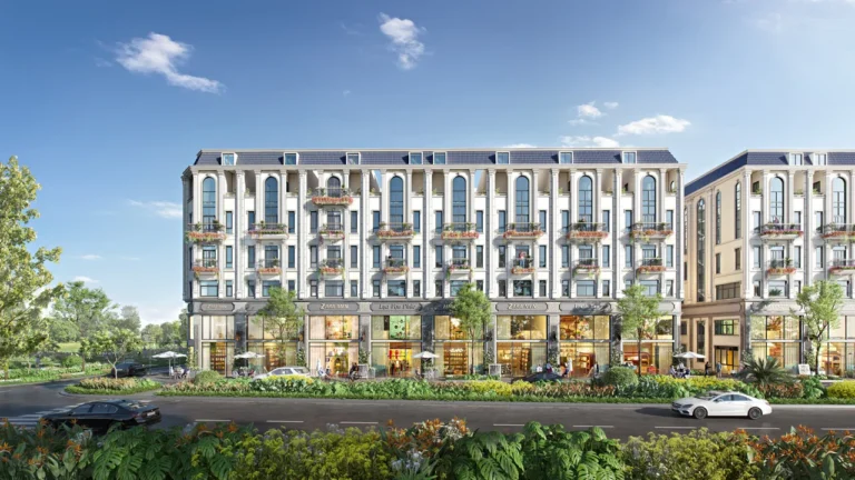 Phối cảnh phố Rivoli với dãy shophouse trắng bên dải cây xanh