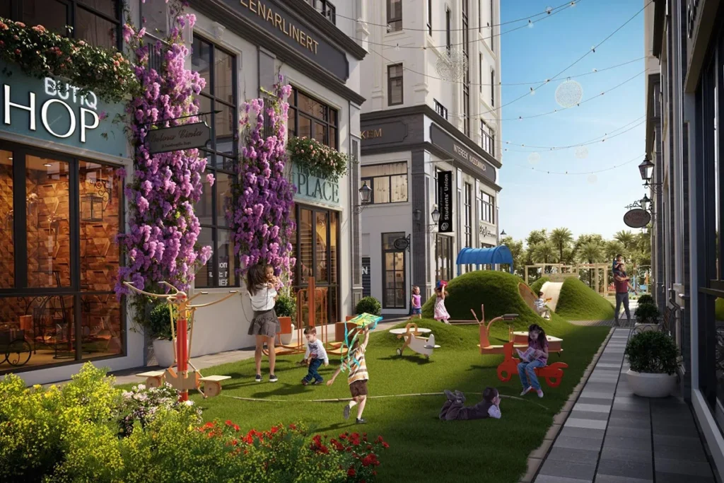 Mảng xanh và tiện ích xen kẽ giữa các dãy shophouse
