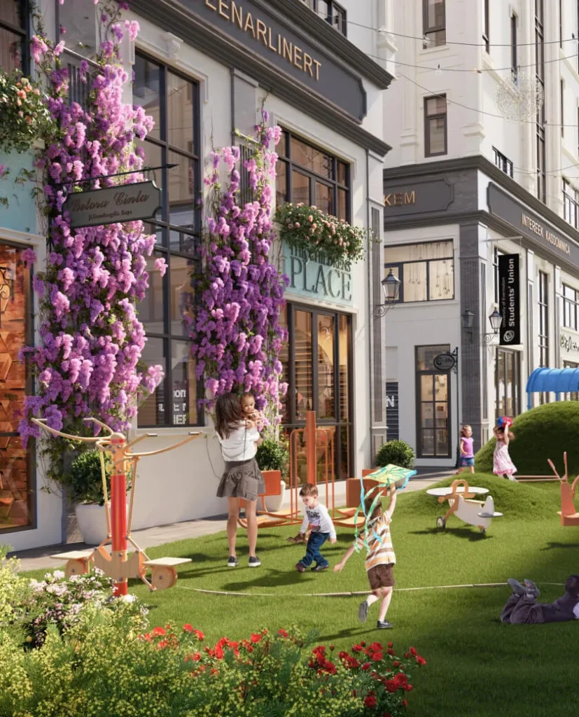 Phối cảnh shophouse giàn hoa tím bên vườn cỏ có trẻ em vui chơi